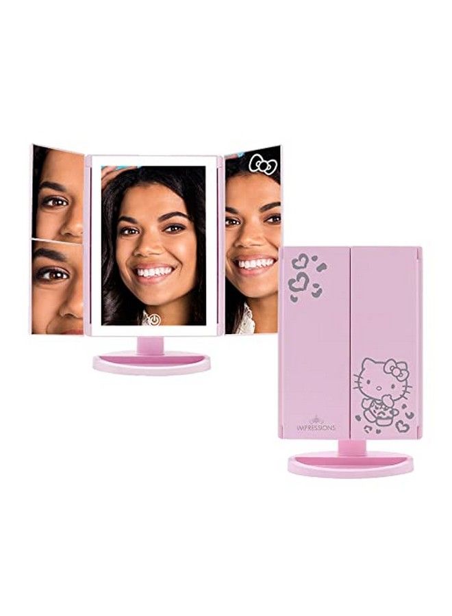 Impressions Vanity Hello Kitty Mirror With Lights Trifold Led Tritone Makeup Mirror With Touch Sensor And Three Adjustable Mirror Panels Makeup Vanity Handheld Magnifying Mirror (Pink)