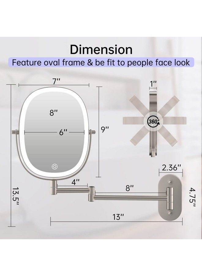 Rechargeable Wall Mounted Lighted Makeup Vanity Mirror Double Sided 1X 7X Magnifying Mirror 3 Color Lighting Option Dimmable 360 Rotation Extension Foldable Arm Oval Frame Shaving Light Up Mirror