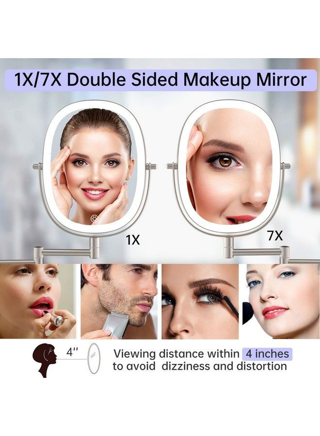Rechargeable Wall Mounted Lighted Makeup Vanity Mirror Double Sided 1X 7X Magnifying Mirror 3 Color Lighting Option Dimmable 360 Rotation Extension Foldable Arm Oval Frame Shaving Light Up Mirror