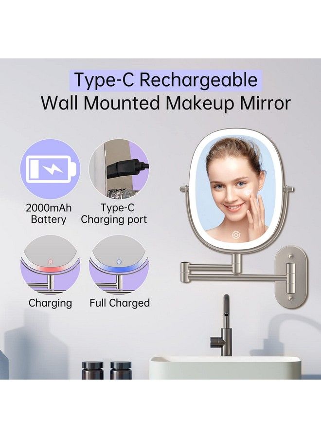 Rechargeable Wall Mounted Lighted Makeup Vanity Mirror Double Sided 1X 7X Magnifying Mirror 3 Color Lighting Option Dimmable 360 Rotation Extension Foldable Arm Oval Frame Shaving Light Up Mirror