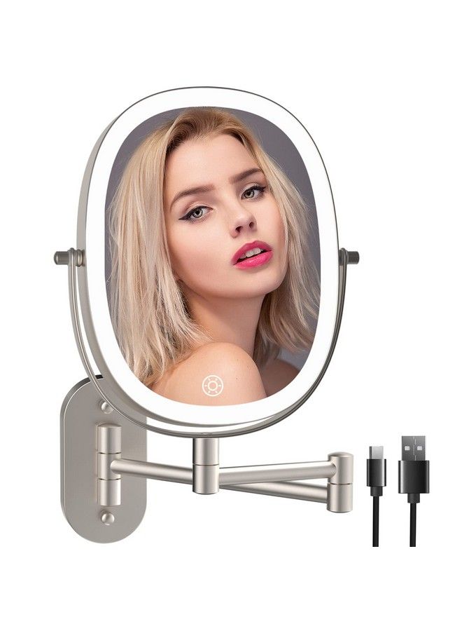 Rechargeable Wall Mounted Lighted Makeup Vanity Mirror Double Sided 1X 7X Magnifying Mirror 3 Color Lighting Option Dimmable 360 Rotation Extension Foldable Arm Oval Frame Shaving Light Up Mirror