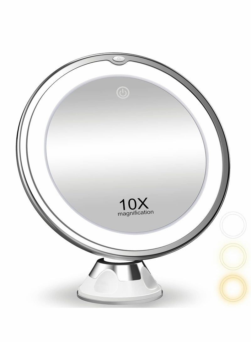 Magnifying Mirror with Light, 10X Magnification 3 Light Modes Makeup Suction Cups Intelligent Switch, 360 Degree Swivel Joint, Portable for Detailed Makeup, Close Skincare