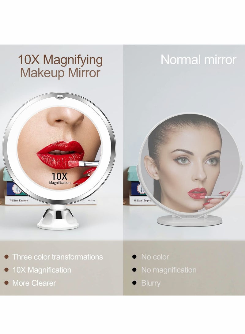 Magnifying Mirror with Light, 10X Magnification 3 Light Modes Makeup Suction Cups Intelligent Switch, 360 Degree Swivel Joint, Portable for Detailed Makeup, Close Skincare