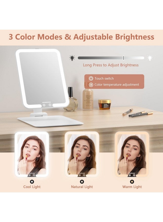 Travel Makeup Mirror8 * 6.1In Rechargeable Portable Folding Makeup Mirror With Lights3 Colors Light Up Mirror With 58 Leds Dimmable Multiple Angles And High Adjustable 1500Mah Gift White