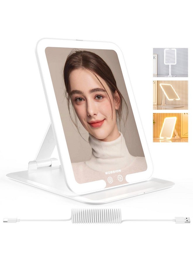 Travel Makeup Mirror8 * 6.1In Rechargeable Portable Folding Makeup Mirror With Lights3 Colors Light Up Mirror With 58 Leds Dimmable Multiple Angles And High Adjustable 1500Mah Gift White