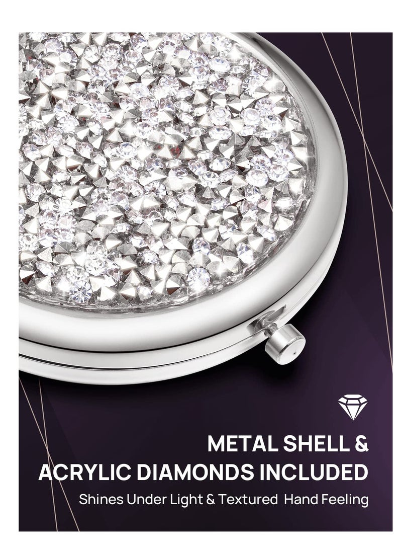 Crystal Diamond Round Double-sided Mirror, Portable Mini Handheld  Pocket Mirror, Luxury Round Vanity Mirror for Travel, Outside, Mealtime.