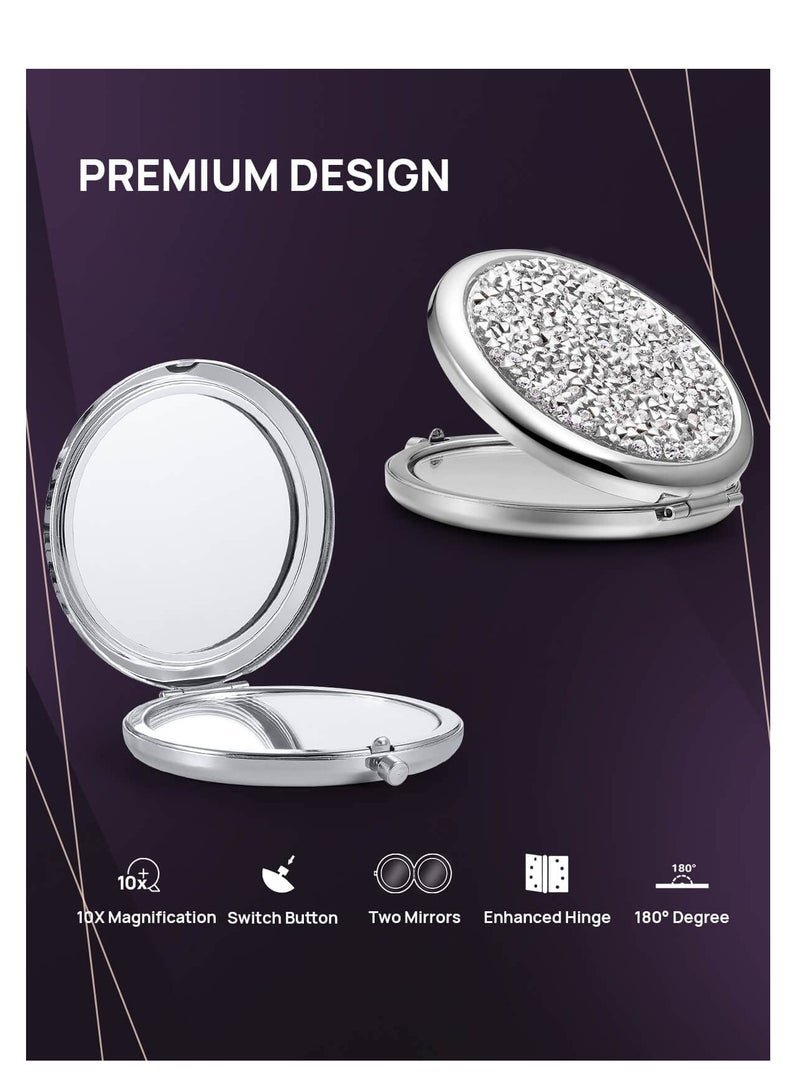 Crystal Diamond Round Double-sided Mirror, Portable Mini Handheld  Pocket Mirror, Luxury Round Vanity Mirror for Travel, Outside, Mealtime.