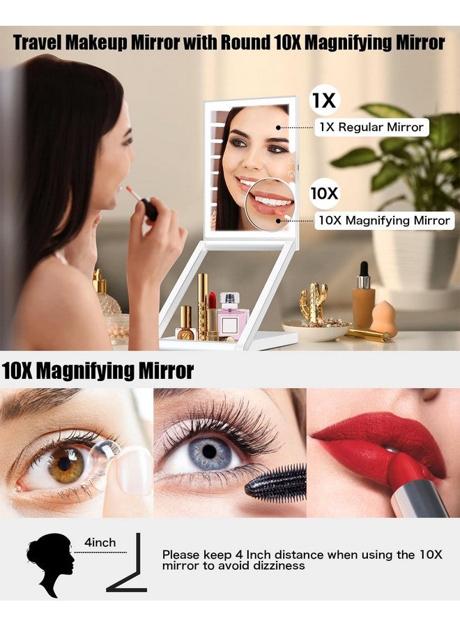 Makeup Mirror With Lights Rechargeable Folding Makeup Vanity Mirror With 3 Colors Lighting 10X Magnification Touch Screen Adjustable Brightness Height And Angle Adjust Portable Travel Mirror