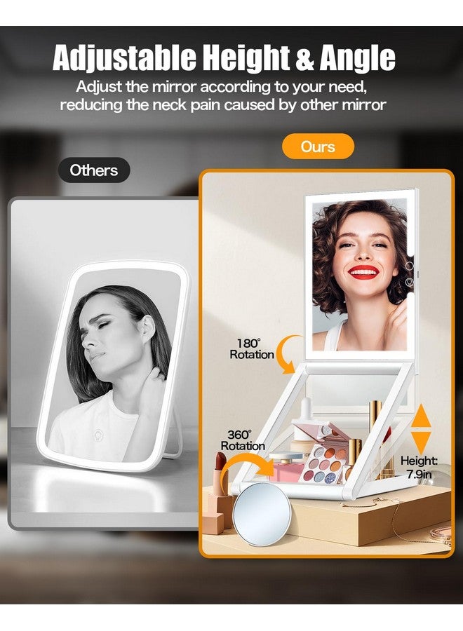 Makeup Mirror With Lights Rechargeable Folding Makeup Vanity Mirror With 3 Colors Lighting 10X Magnification Touch Screen Adjustable Brightness Height And Angle Adjust Portable Travel Mirror