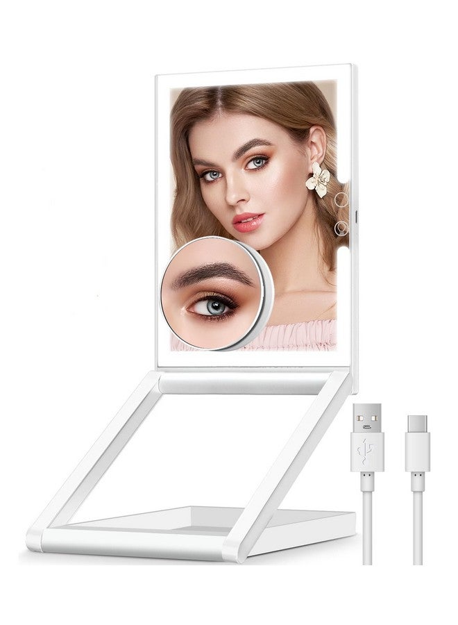 Makeup Mirror With Lights Rechargeable Folding Makeup Vanity Mirror With 3 Colors Lighting 10X Magnification Touch Screen Adjustable Brightness Height And Angle Adjust Portable Travel Mirror