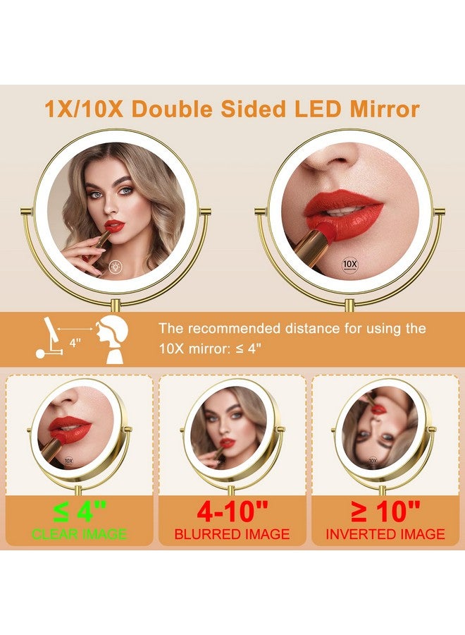 9” Wall Mounted Lighted Makeup Vanity Mirror With 3 Color Lights & Stepless Dimming 1X10X Magnifying Led Double Sided Bathroom Touch Sensor Extendable Arm 360° Swivel Shaving Gold Mirror