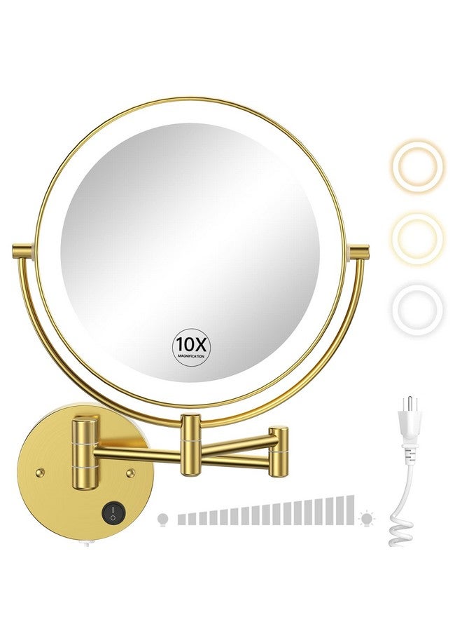 9” Wall Mounted Lighted Makeup Vanity Mirror With 3 Color Lights & Stepless Dimming 1X10X Magnifying Led Double Sided Bathroom Touch Sensor Extendable Arm 360° Swivel Shaving Gold Mirror