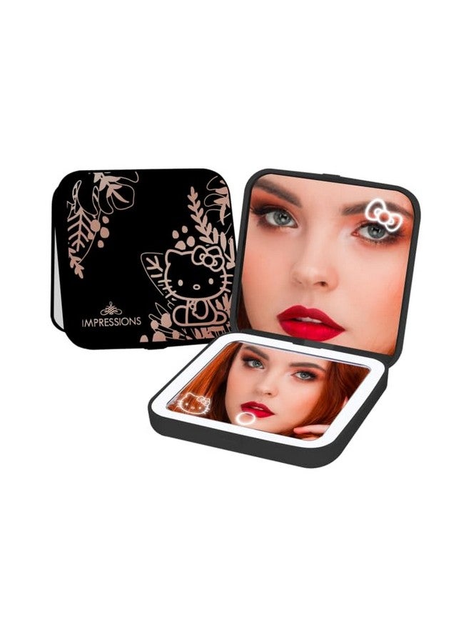 Impressions Vanity Hello Kitty Supercute Compact Mirror With Touch Sensor Switch For Adjustable Brightness Lighted Makeup Mirror With Led Lights And 2X Magnifying Mirror Top (Black)