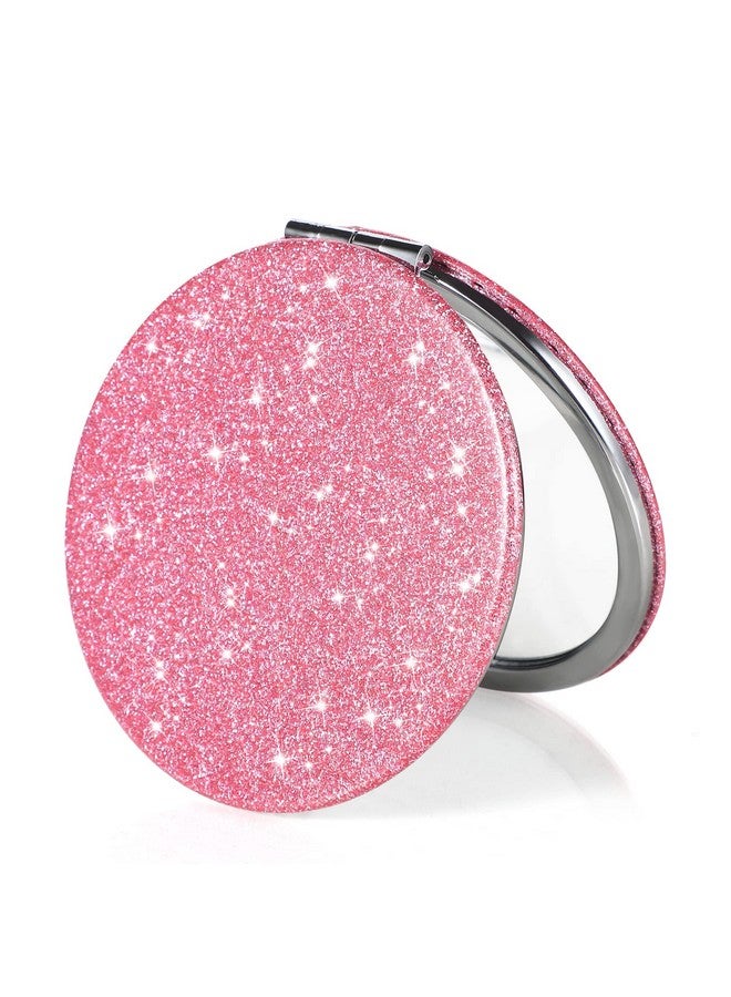 Compact Mirror Glitter Pu Leather Makeup Mirror For Purses Small Pocket Mirror Portable Hand Mirror Doublesided With 2 X 1X Magnification For Woman Mother Great Giftbling Pink