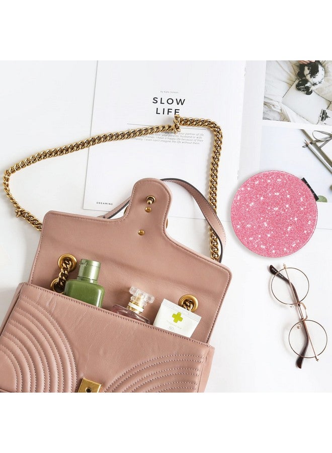 Compact Mirror Glitter Pu Leather Makeup Mirror For Purses Small Pocket Mirror Portable Hand Mirror Doublesided With 2 X 1X Magnification For Woman Mother Great Giftbling Pink