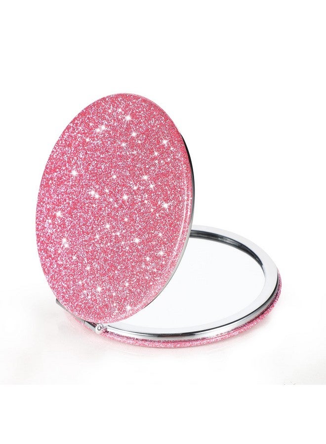 Compact Mirror Glitter Pu Leather Makeup Mirror For Purses Small Pocket Mirror Portable Hand Mirror Doublesided With 2 X 1X Magnification For Woman Mother Great Giftbling Pink