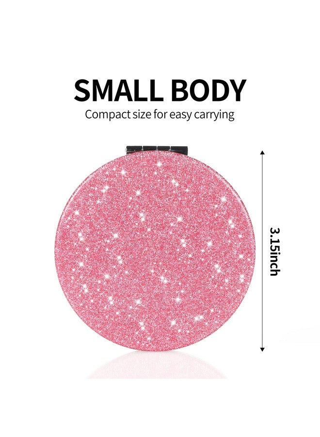 Compact Mirror Glitter Pu Leather Makeup Mirror For Purses Small Pocket Mirror Portable Hand Mirror Doublesided With 2 X 1X Magnification For Woman Mother Great Giftbling Pink