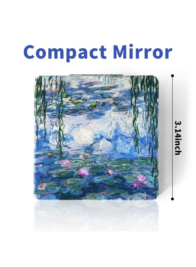 Compact Mirror 3.15 Inch Doublesided 1X2X Magnifying Bulk Pu Leather Makeup Mirrors Round Mirror For Purses Small Pocket Portable Hand Mirror For Woman Mother (Water Lilies 2)