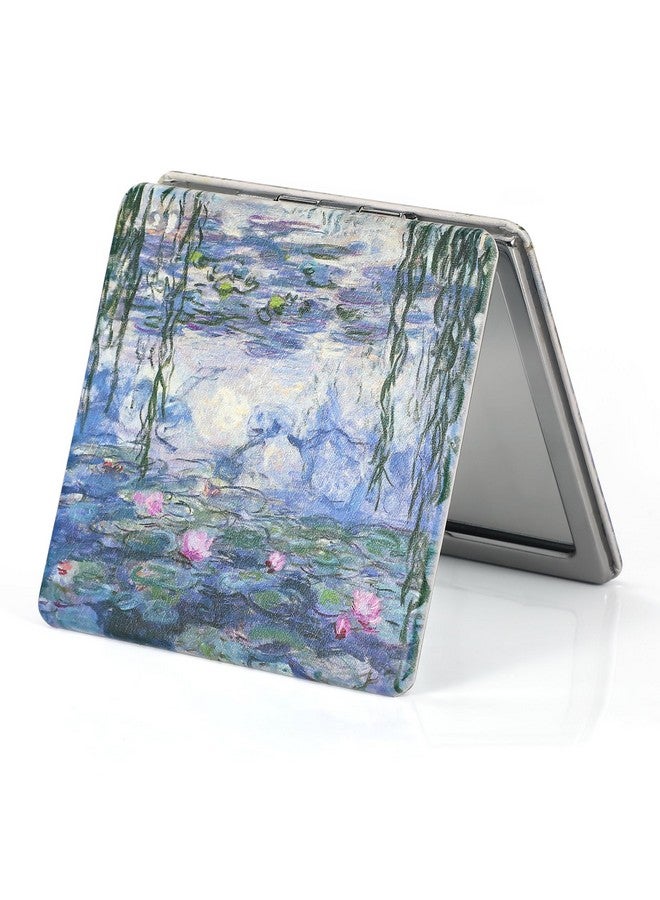 Compact Mirror 3.15 Inch Doublesided 1X2X Magnifying Bulk Pu Leather Makeup Mirrors Round Mirror For Purses Small Pocket Portable Hand Mirror For Woman Mother (Water Lilies 2)