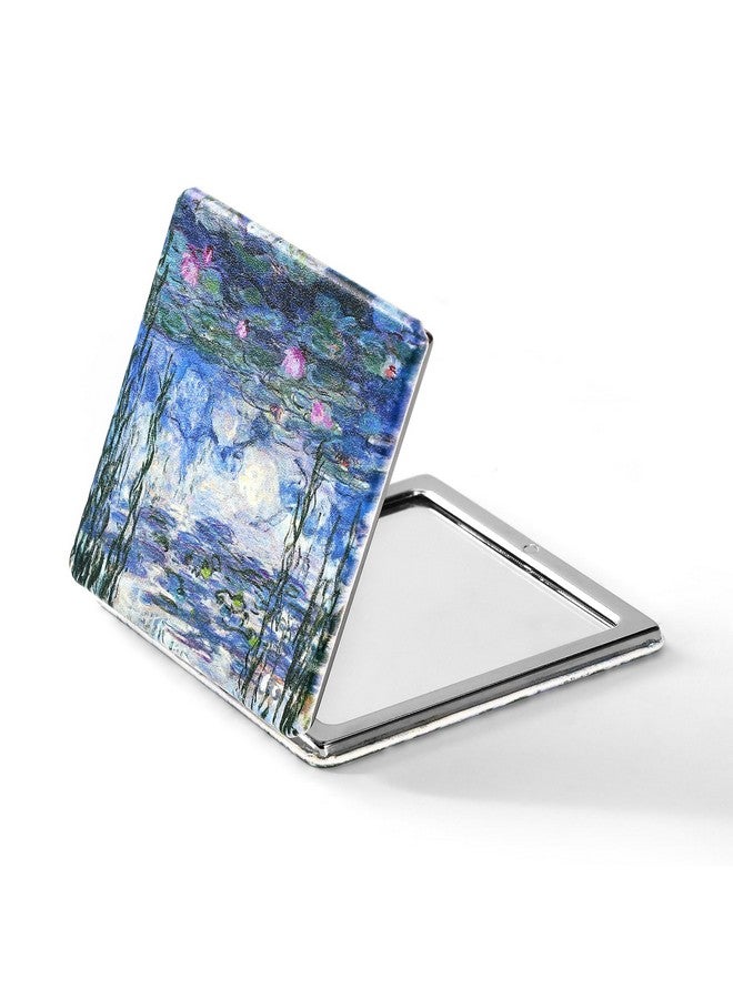 Compact Mirror 3.15 Inch Doublesided 1X2X Magnifying Bulk Pu Leather Makeup Mirrors Round Mirror For Purses Small Pocket Portable Hand Mirror For Woman Mother (Water Lilies 2)