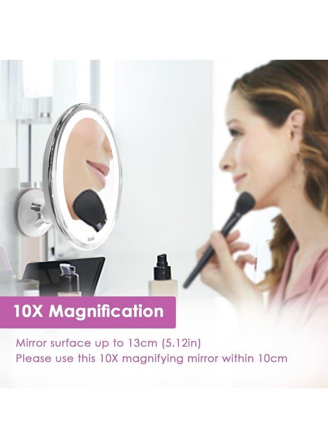 10X Magnifying Led Lighted Makeup Mirror With 3 Light Colors Touch Sensor Powerful Suction Cup 360 Degree Rotation Dimmable Lighting Portable For Bathroom Shaving And Travel