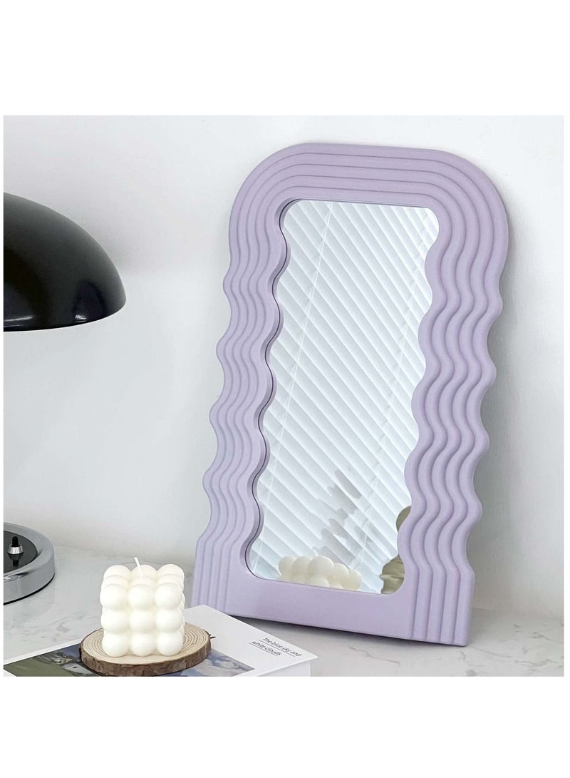 Aesthetic Wave Pattern Irregular Frame Mirror, Decorative Desk Wall Mirror for Living Room Bedroom Hallway Home Decor (Purple)