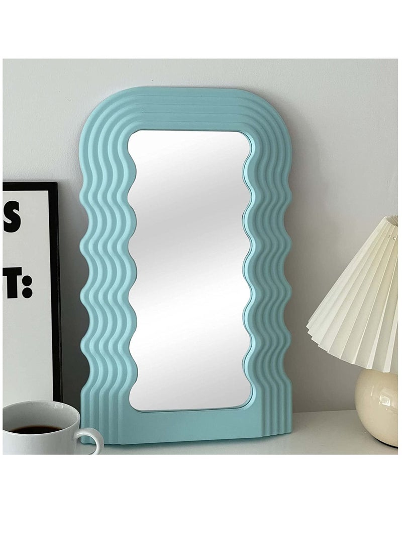 Aesthetic Wave Pattern Irregular Frame Mirror, Decorative Desk Wall Mirror for Living Room Bedroom Hallway Home Decor (Blue)