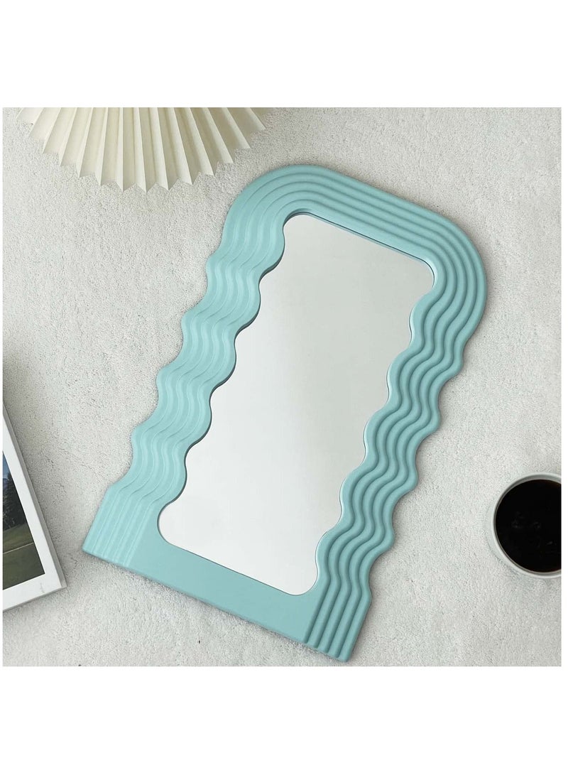 Aesthetic Wave Pattern Irregular Frame Mirror, Decorative Desk Wall Mirror for Living Room Bedroom Hallway Home Decor (Blue)