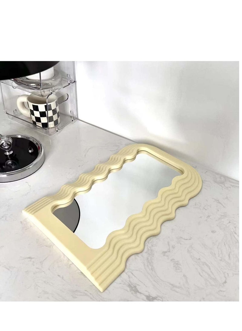 Aesthetic Wave Pattern Irregular Frame Mirror, Decorative Desk Wall Mirror for Living Room Bedroom Hallway Home Decor (Yellow)