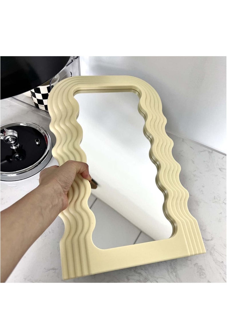 Aesthetic Wave Pattern Irregular Frame Mirror, Decorative Desk Wall Mirror for Living Room Bedroom Hallway Home Decor (Yellow)