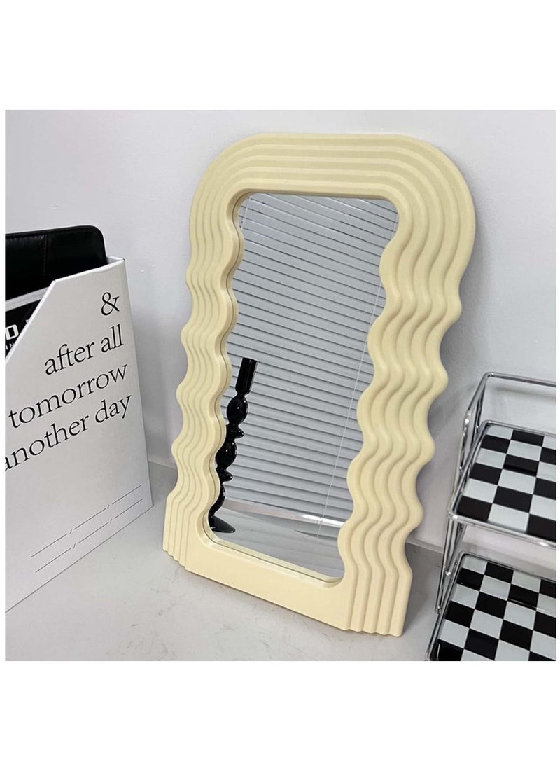 Aesthetic Wave Pattern Irregular Frame Mirror, Decorative Desk Wall Mirror for Living Room Bedroom Hallway Home Decor (Yellow)