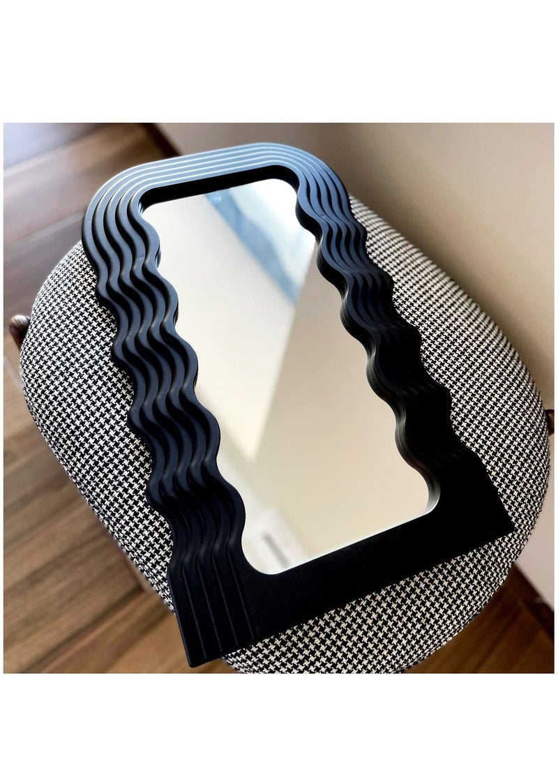 Aesthetic Wave Pattern Irregular Frame Mirror, Decorative Desk Wall Mirror for Living Room Bedroom Hallway Home Decor (Black)