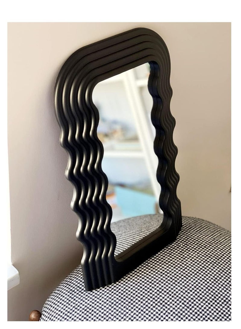 Aesthetic Wave Pattern Irregular Frame Mirror, Decorative Desk Wall Mirror for Living Room Bedroom Hallway Home Decor (Black)