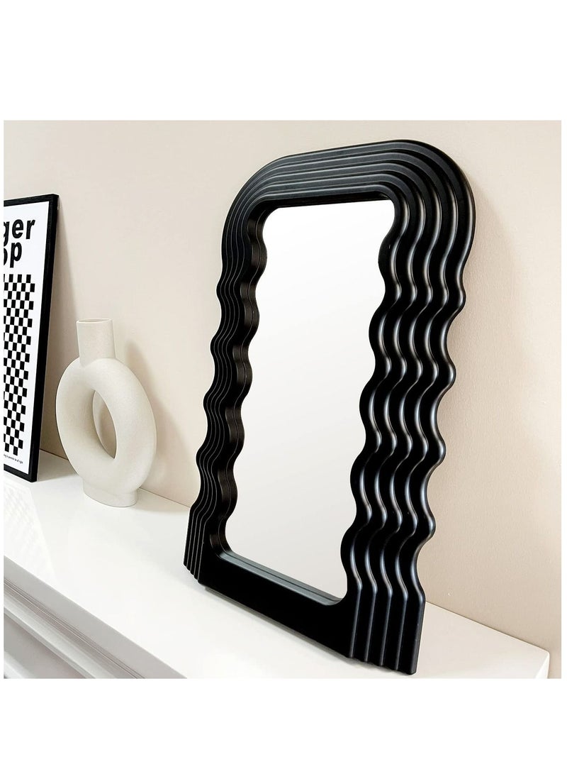 Aesthetic Wave Pattern Irregular Frame Mirror, Decorative Desk Wall Mirror for Living Room Bedroom Hallway Home Decor (Black)