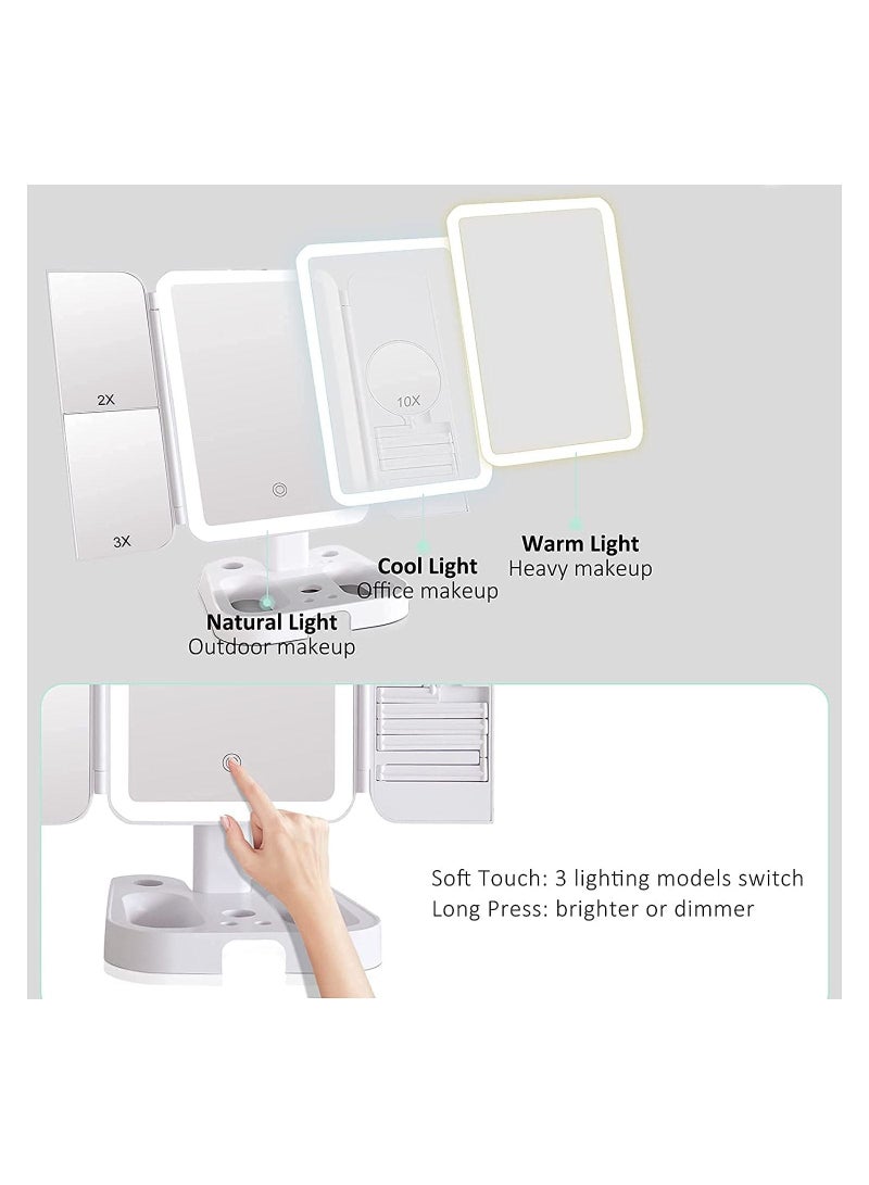 Arabest Makeup Mirror Vanity Mirror with Lights, 3 Color Lighting Adjustable Trifold Mirror with 72LEDs, 1X 2X 3X 10X Magnification, Dual Power Supply, Portable Lighted Makeup Mirror