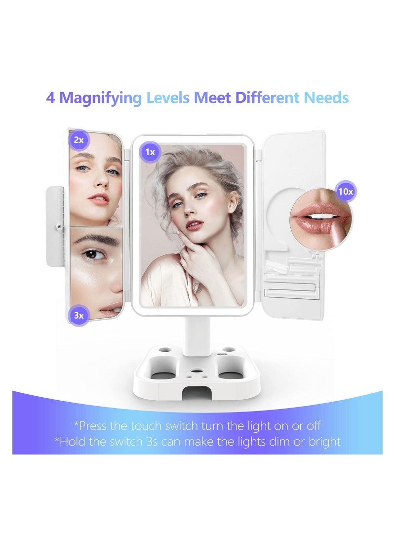 Arabest Makeup Mirror Vanity Mirror with Lights, 3 Color Lighting Adjustable Trifold Mirror with 72LEDs, 1X 2X 3X 10X Magnification, Dual Power Supply, Portable Lighted Makeup Mirror