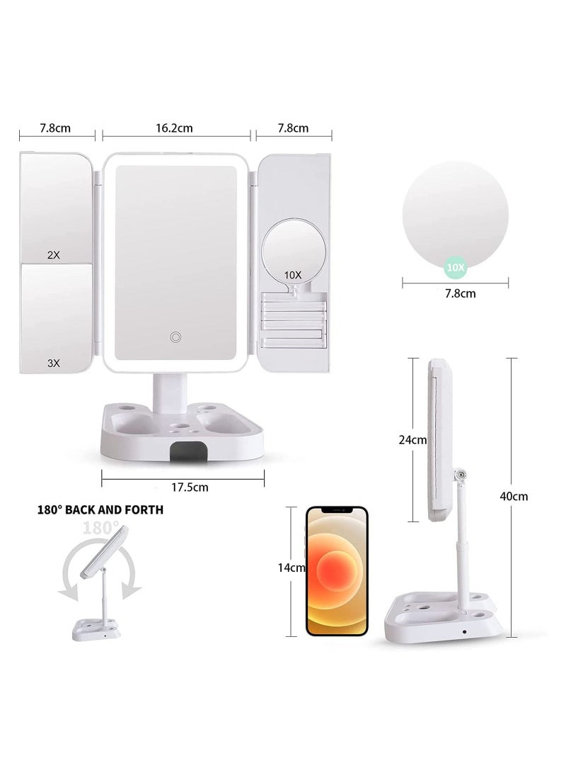 Arabest Makeup Mirror Vanity Mirror with Lights, 3 Color Lighting Adjustable Trifold Mirror with 72LEDs, 1X 2X 3X 10X Magnification, Dual Power Supply, Portable Lighted Makeup Mirror