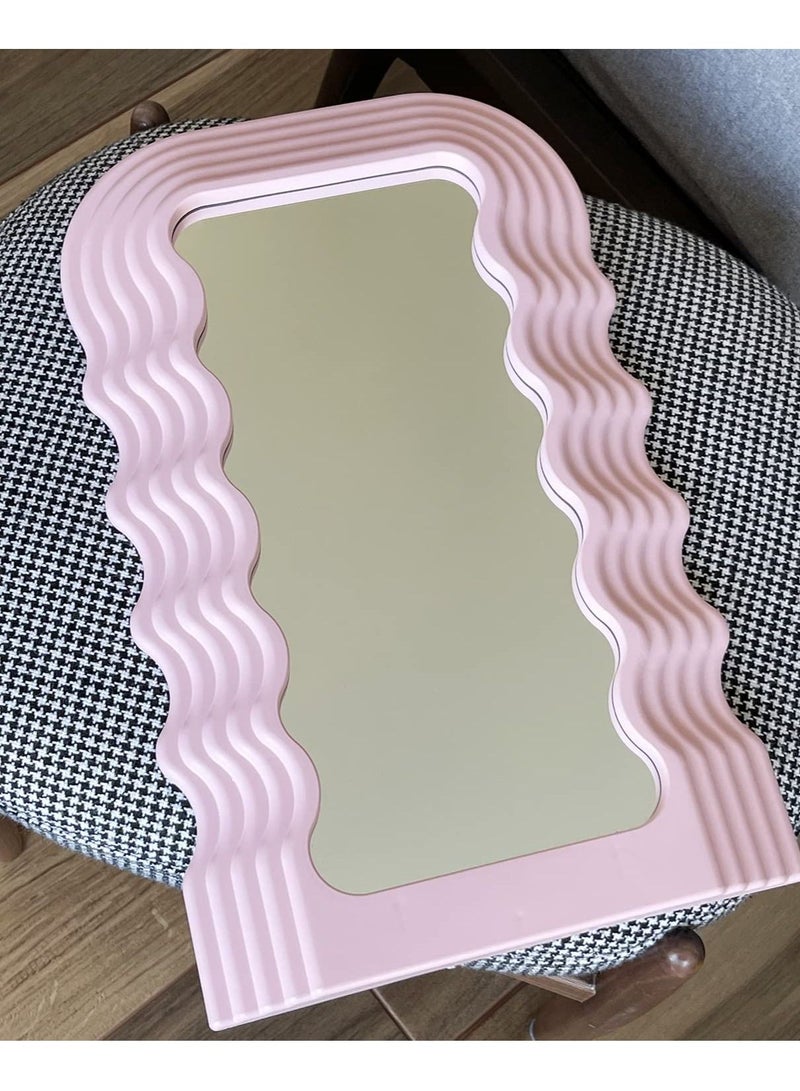 Aesthetic Wave Pattern Irregular Frame Mirror, Decorative Desk Wall Mirror for Living Room Bedroom Hallway Home Decor (Pink)
