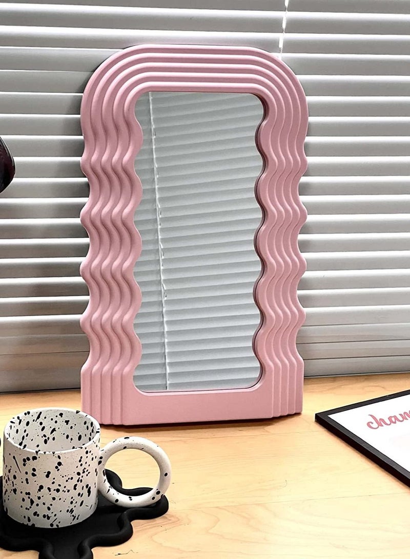Aesthetic Wave Pattern Irregular Frame Mirror, Decorative Desk Wall Mirror for Living Room Bedroom Hallway Home Decor (Pink)