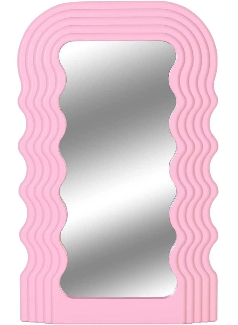 Aesthetic Wave Pattern Irregular Frame Mirror, Decorative Desk Wall Mirror for Living Room Bedroom Hallway Home Decor (Pink)