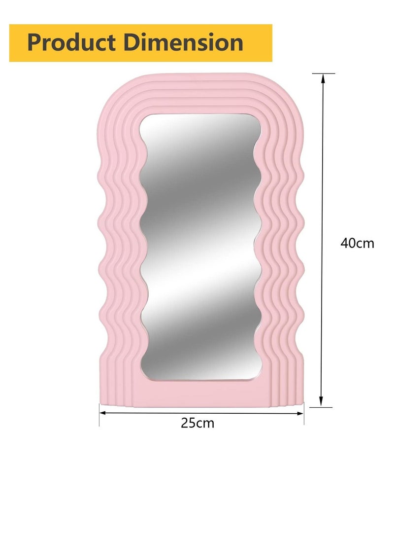 Aesthetic Wave Pattern Irregular Frame Mirror, Decorative Desk Wall Mirror for Living Room Bedroom Hallway Home Decor (Pink)