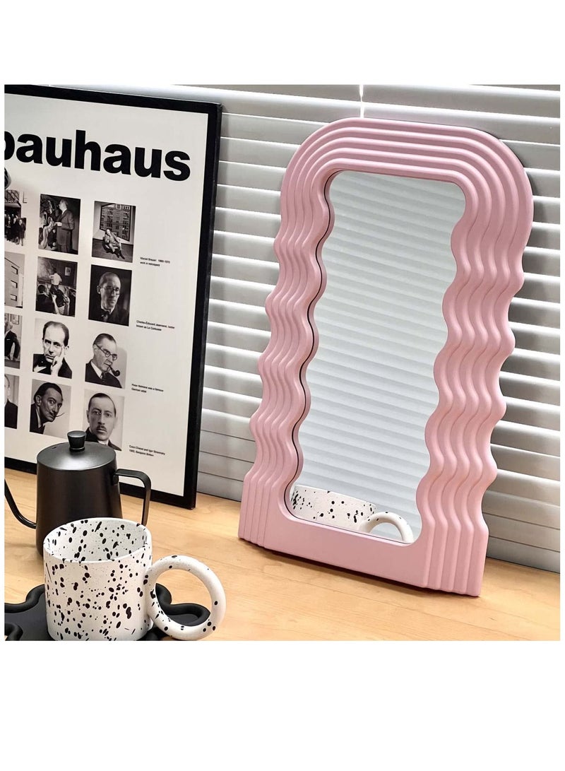 Aesthetic Wave Pattern Irregular Frame Mirror, Decorative Desk Wall Mirror for Living Room Bedroom Hallway Home Decor (Pink)
