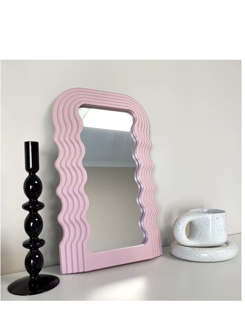 Aesthetic Wave Pattern Irregular Frame Mirror, Decorative Desk Wall Mirror for Living Room Bedroom Hallway Home Decor (Pink)