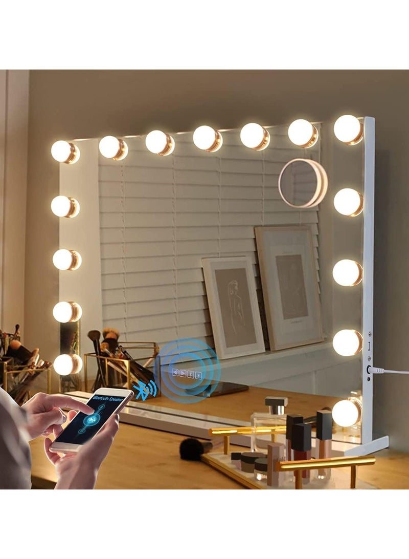 Makeup Mirror with Lights and Bluetooth Speaker,3 Color Modes and 15 Dimmable Bulbs (White)