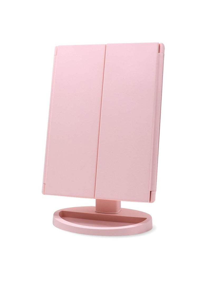 COOLBABY 3 Folds Lighted Makeup Vanity Mirror with 21 LED Lights Touch Screen,  180 Degree Rotation Portable Mirrors for Travel(Pink)