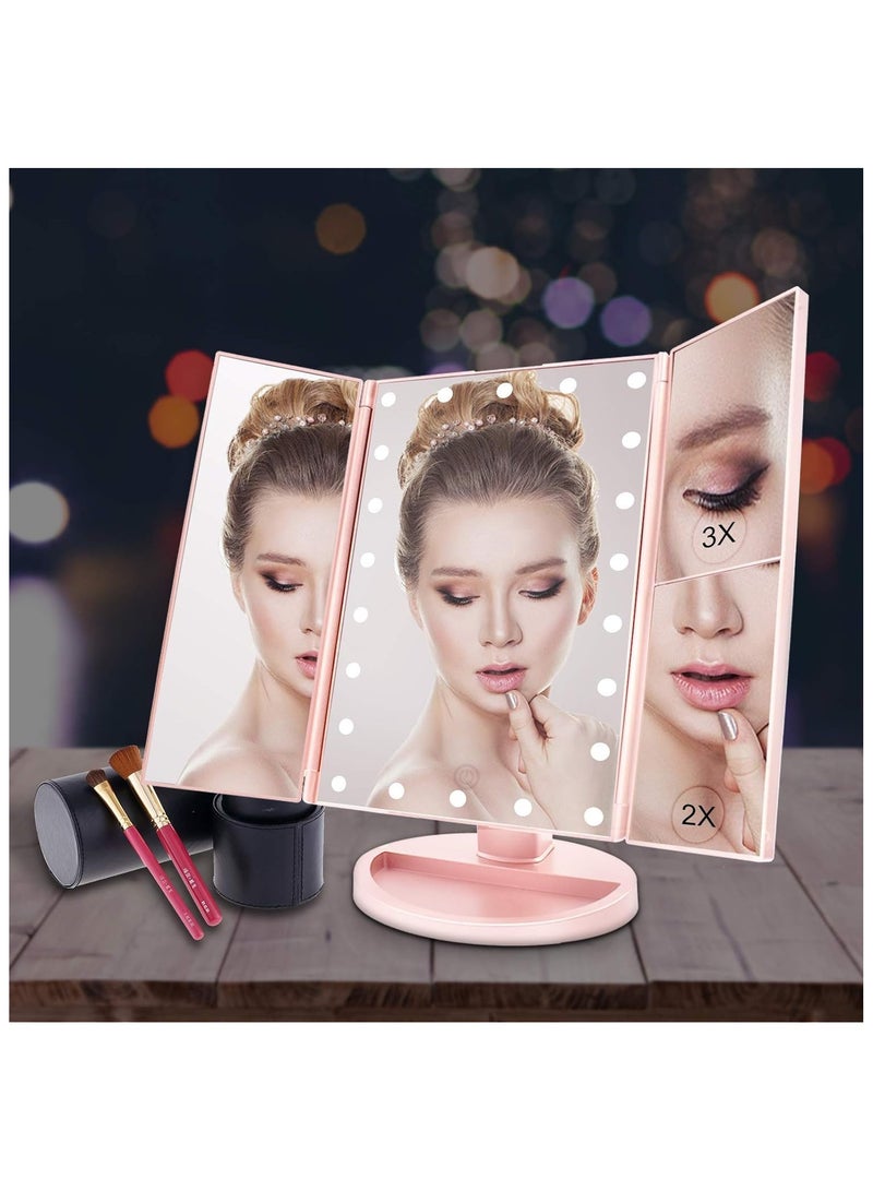 COOLBABY 3 Folds Lighted Makeup Vanity Mirror with 21 LED Lights Touch Screen,  180 Degree Rotation Portable Mirrors for Travel(Pink)