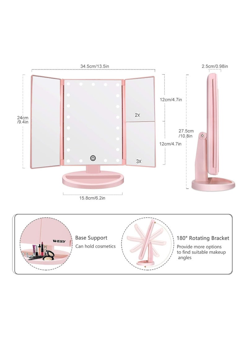 COOLBABY 3 Folds Lighted Makeup Vanity Mirror with 21 LED Lights Touch Screen,  180 Degree Rotation Portable Mirrors for Travel(Pink)