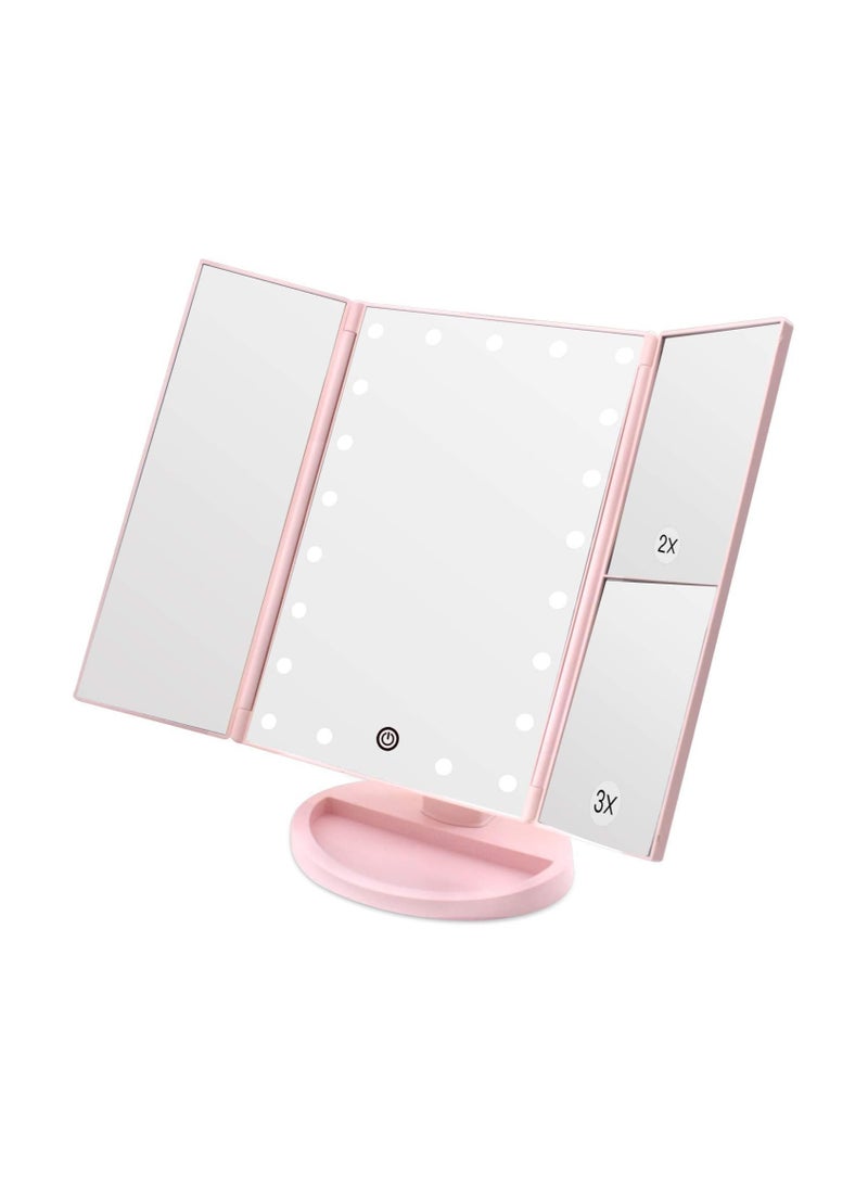 COOLBABY 3 Folds Lighted Makeup Vanity Mirror with 21 LED Lights Touch Screen,  180 Degree Rotation Portable Mirrors for Travel(Pink)