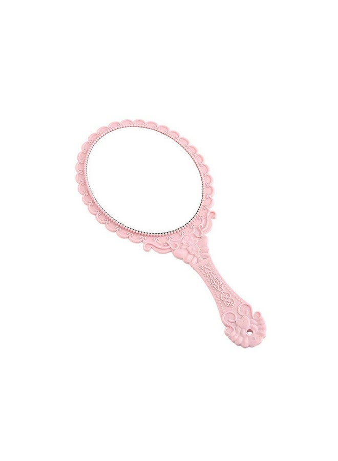 Handheld Mirror Vintage Pattern Handle Makeup Mirror Hand Held Travel Mirror Personal Cosmetic Mirror With Powder Puff (Pink)