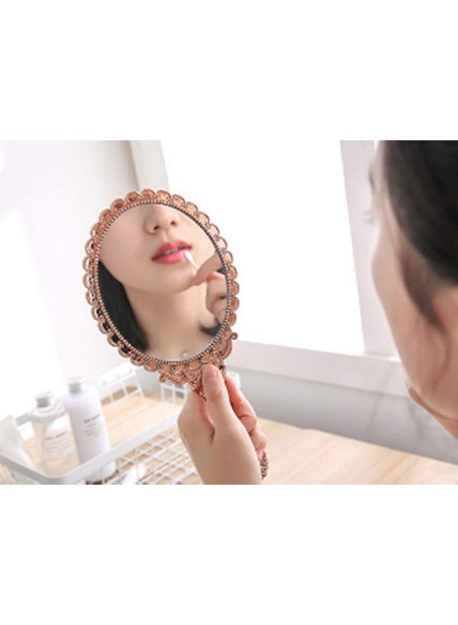 Handheld Mirror Vintage Pattern Handle Makeup Mirror Hand Held Travel Mirror Personal Cosmetic Mirror With Powder Puff (Pink)